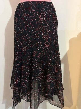 Dressbarn Black Chiffon Midi Skirt with Pink Dot Print
